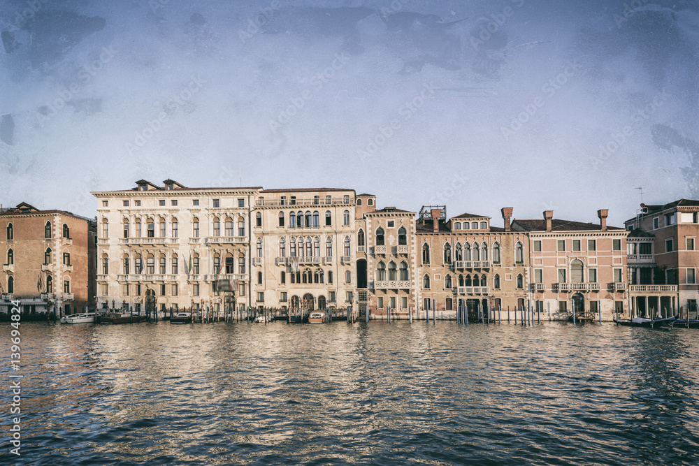 Typical venetian buildings from the waterside of Grand Canal int the golden hour, Venice (Venezia), Italy, Europe, Old photo style