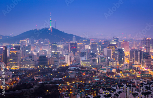 Seoul City Skyline and N Seoul Tower in Seoul in Misty day  South Korea.