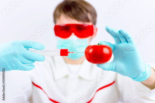 Scientist holding gmo plant for testing in biolaboratory. Injecting tomato
