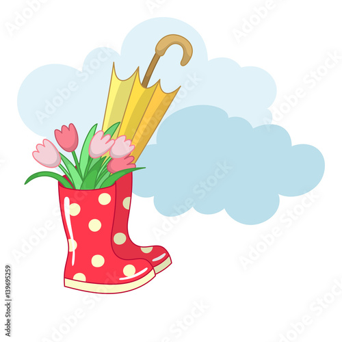 Red dotted rubber boots with a bouquet of tulips and an umbrella. Vector illustration.