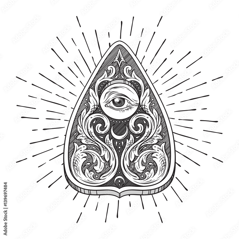 Hand drawn ornate art ouija board mystifying oracle planchette isolated.  Antique style boho chic sticker, tattoo or print design vector illustration  Stock Vector | Adobe Stock