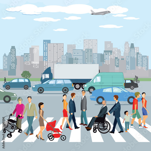 Personen zu Fuß auf den Zebrastreifen in der Stadt. Illustration