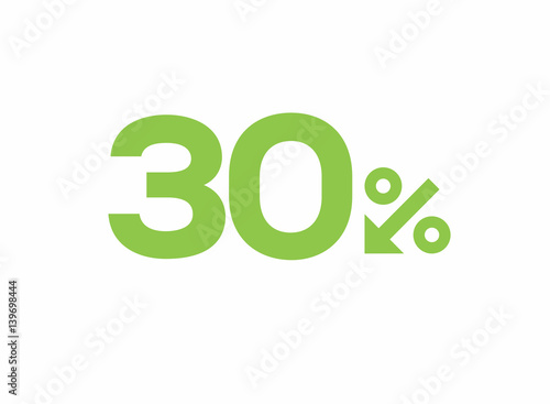 Vector green 30% text designed with an arrow percent icon isolated on white background. For spring sale campaigns. 