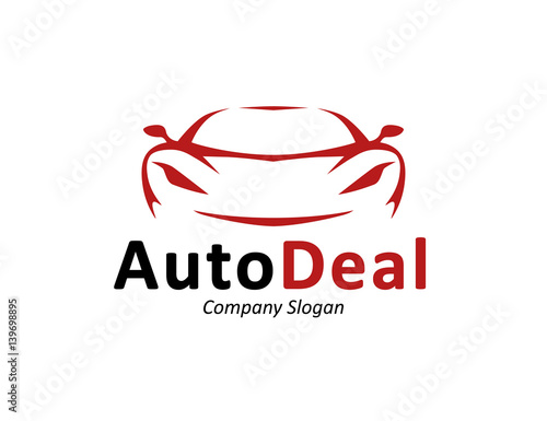 Auto car dealership logo design with front of red sports vehicle silhouette icon concept isolated on white background. Vector illustration.