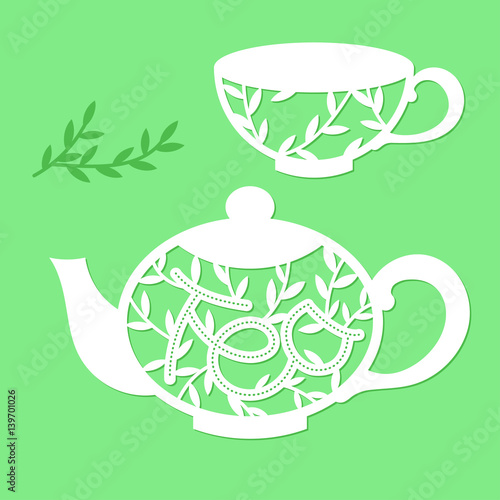 Openwork teapot and cup with a floral pattern and the word tea. Laser cutting template.