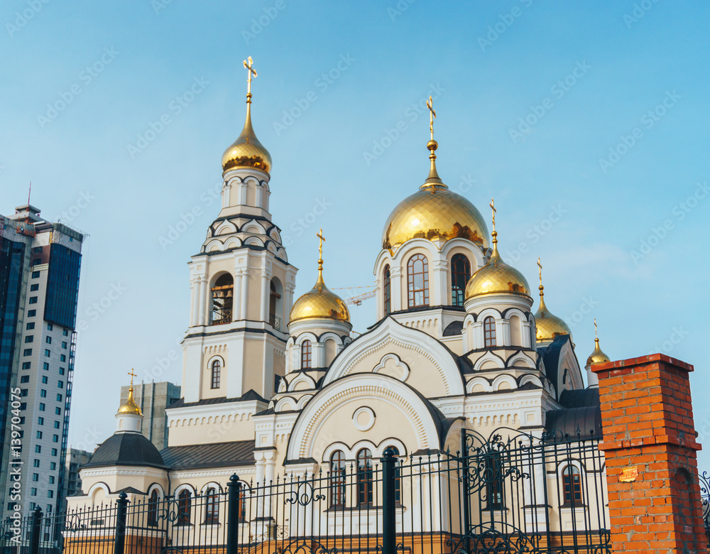 New building of orthodox church in Voronezh city against the blue sky