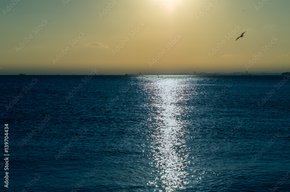 Obraz premium Beautiful landscape with sunlight reflection over the sea