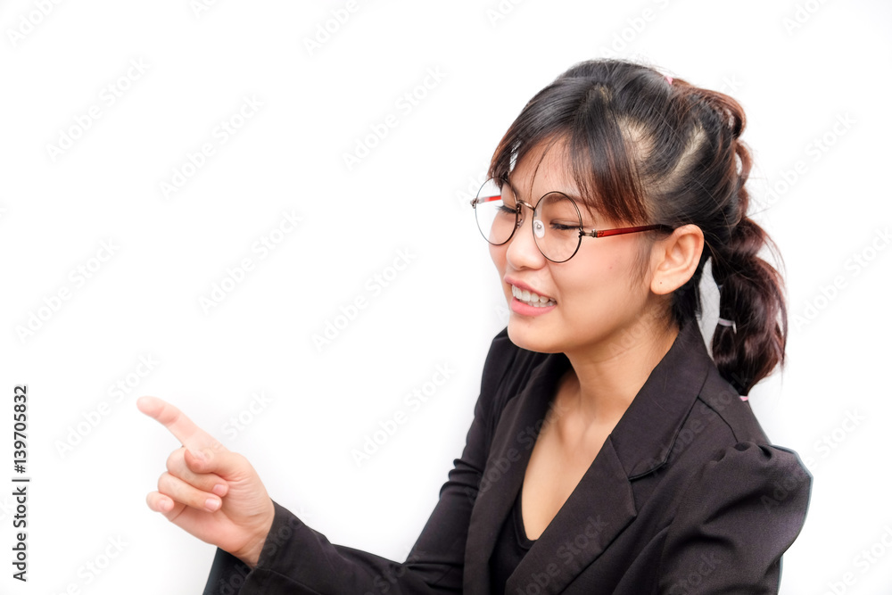 Business glasses women explaining something to audiences Business glasses women explaining something to audiences