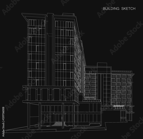 Perspective 3D render of building wireframe.