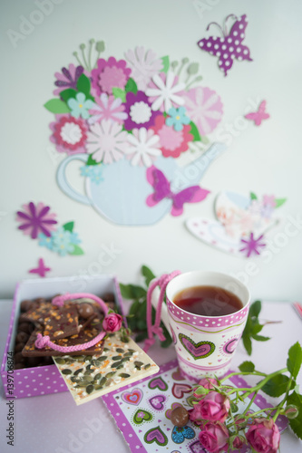 five o clock tea. Tea  chocolate  donuts 