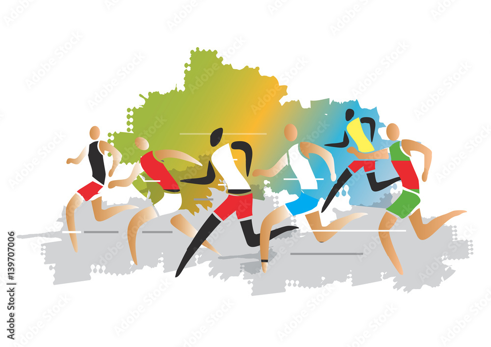 Marathon Runner race.
Group of runners racing . Colorful stylized illustration. Vector available.