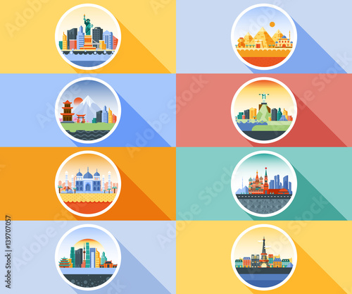Vector icon circle flat style architecture buildings town city country travel Moscow Russian capital France, Paris, Japan, India, Egypt, pyramids, China, Brazil, USA