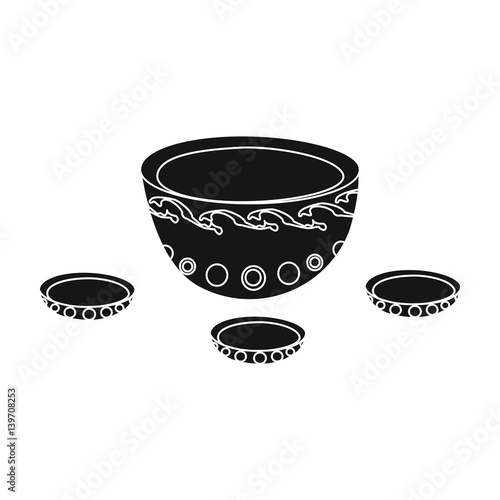 A plate with three cups and Mongolian ornaments.The national dish of the Mongols.Mongolia single icon in black style vector symbol stock illustration.