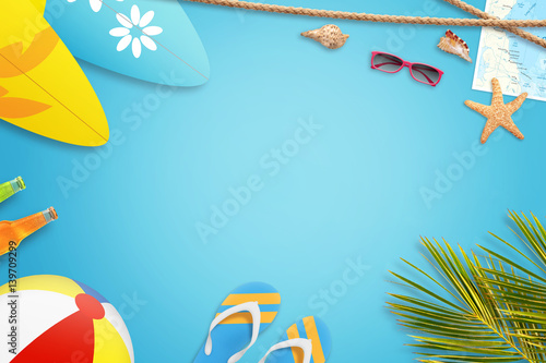 Summer vacation concept. Blue background with free space for text. Travel to tropical destination.