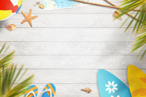Summer background. Top view with free space for text. Concept of leisure travel in the tropical beach seaside.