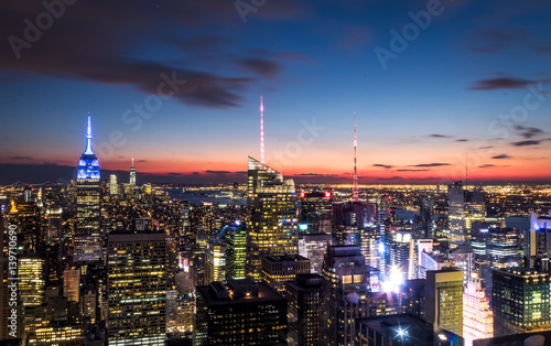 Aerial view of Manhattan Skyline at sunset - New York, USA