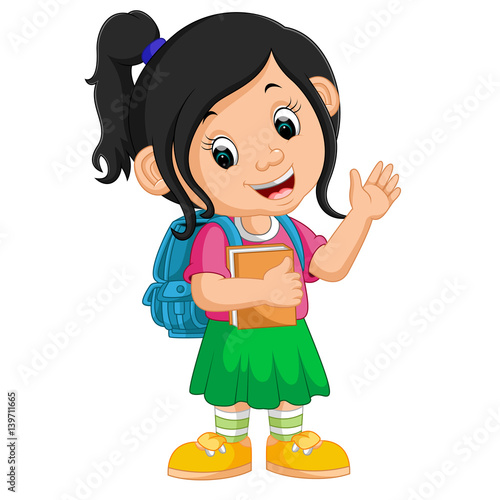 Cute girl go to school cartoon