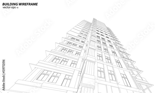 Perspective 3D render of building wireframe.