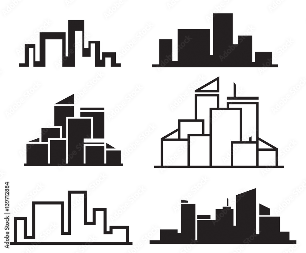 Vector city buildings silhouette icons.
