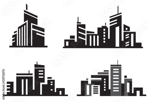 Vector city buildings silhouette icons.