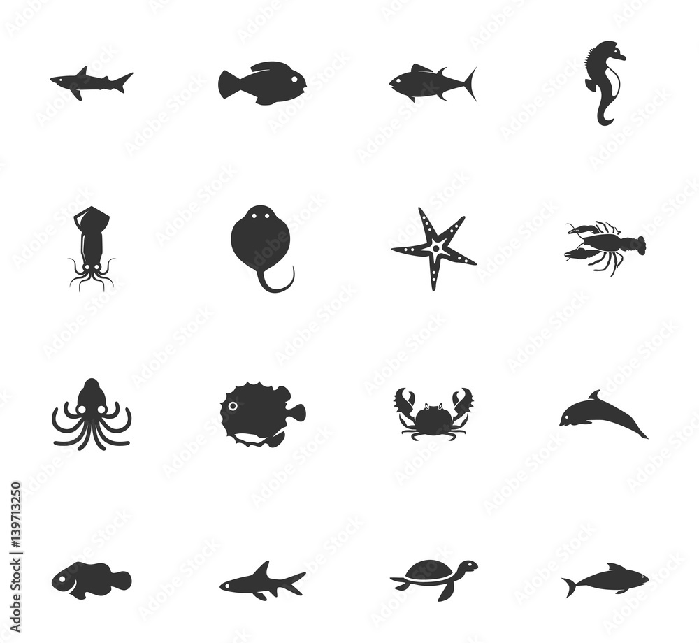 Fototapeta premium Fish marine animals icons set