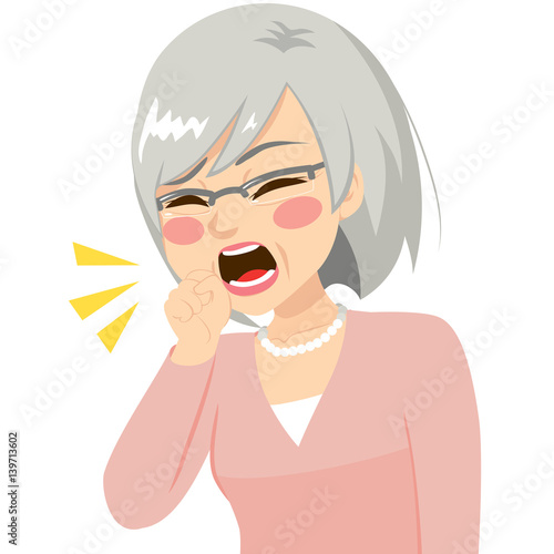 Illustration of senior woman coughing with fist in front of mouth