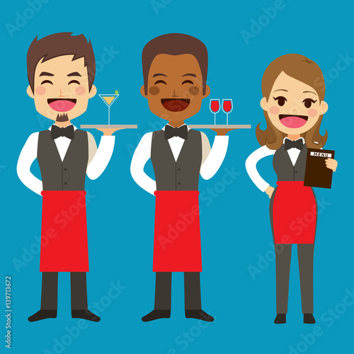 Restaurant small team group of female and male waiter with tray