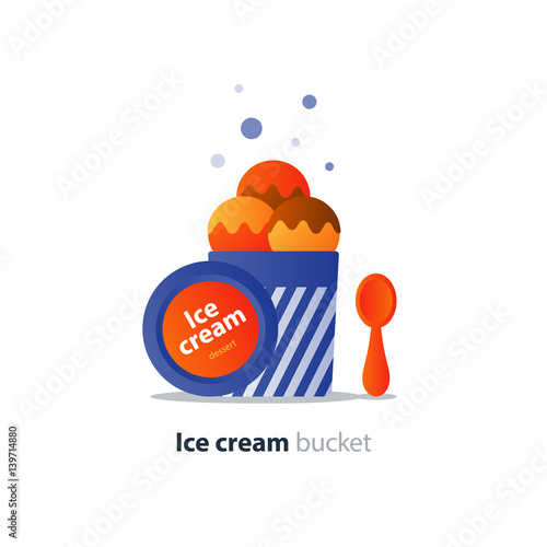 Ice cream bucket dessert, three scoops, tasty flavor, cool refreshing dessert