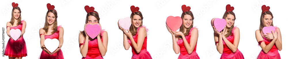 Girl in pretty pink dress with gift box isolated on white