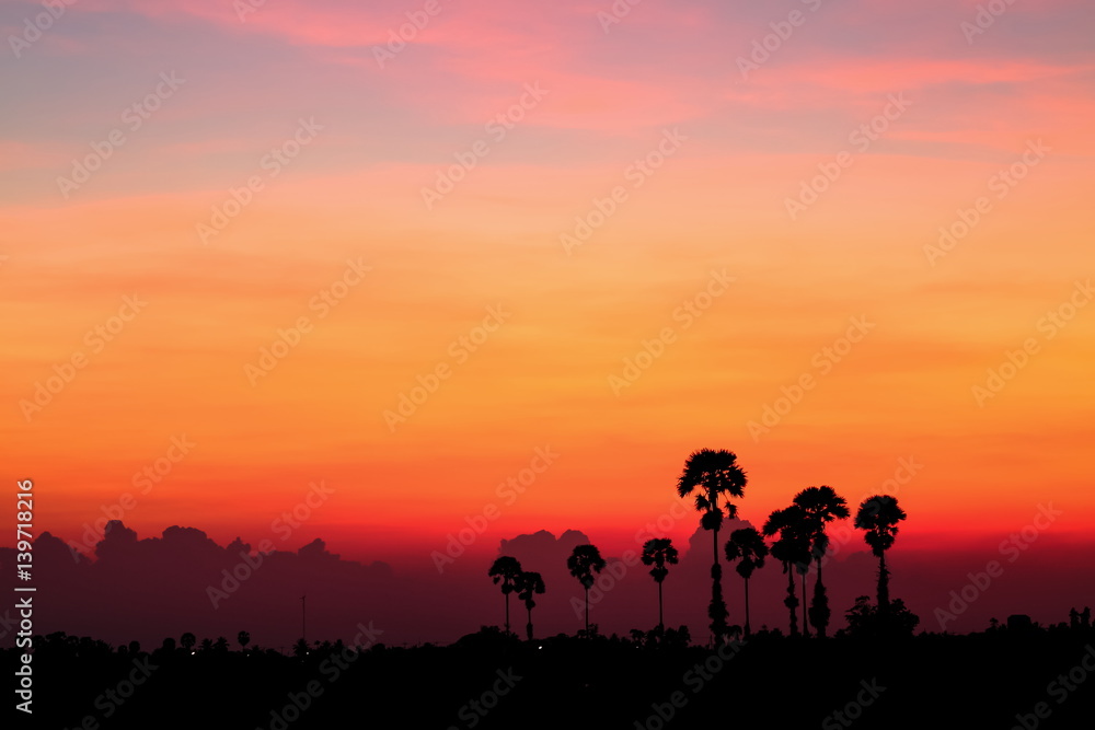 Silhouettes sunset on field at tropical countryside of Thailand.