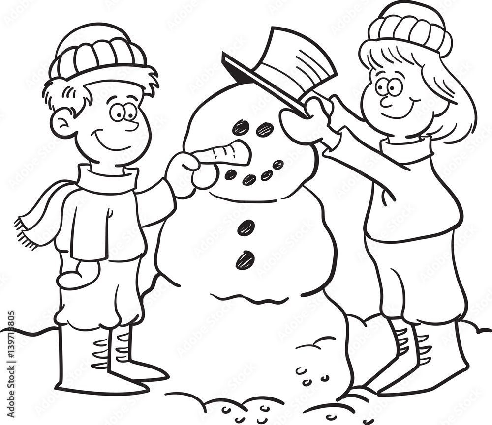 Black and white illustration of kids building a snowman.