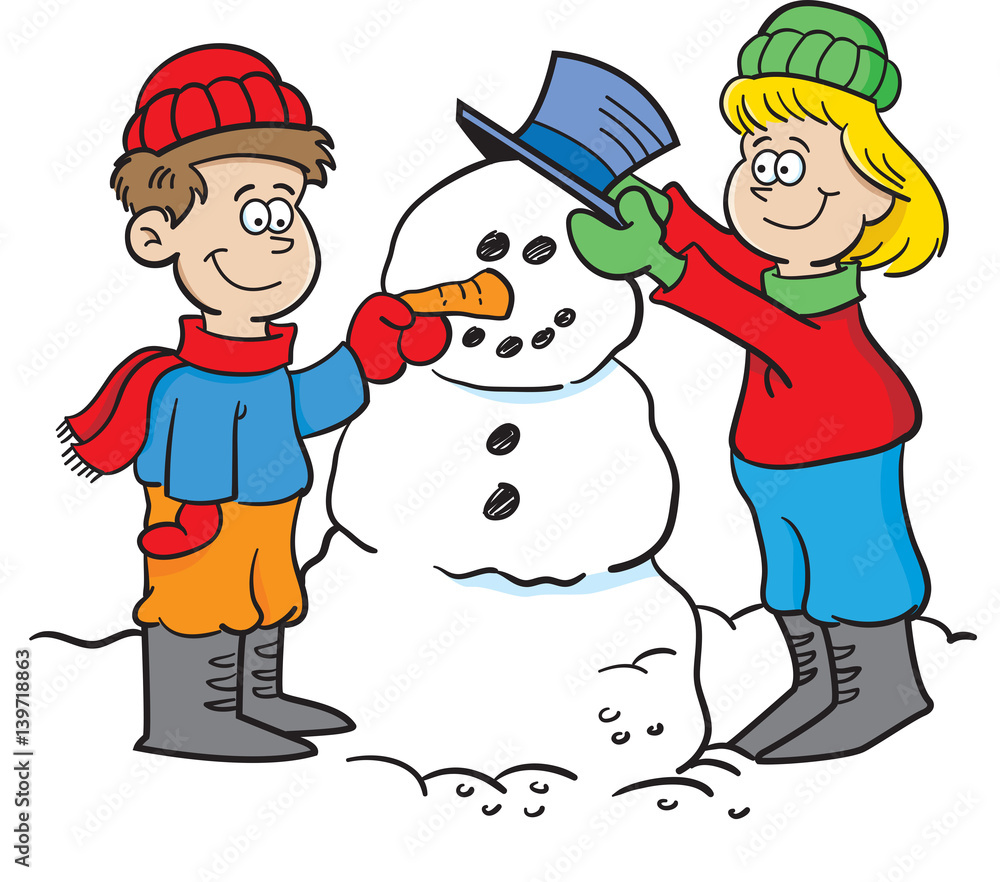 Cartoon illustration of kids building a snowman.