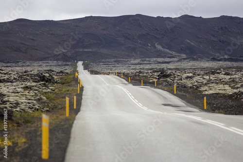 Very long straight and wavy road in Iceland