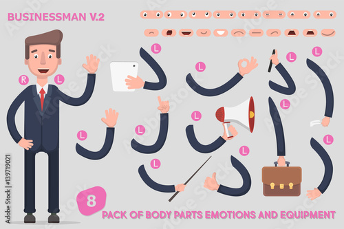 Parts body template for design work and animation. Funny office man cartoon. Vector illustration on light background. Set the character says costume animations. Men game.