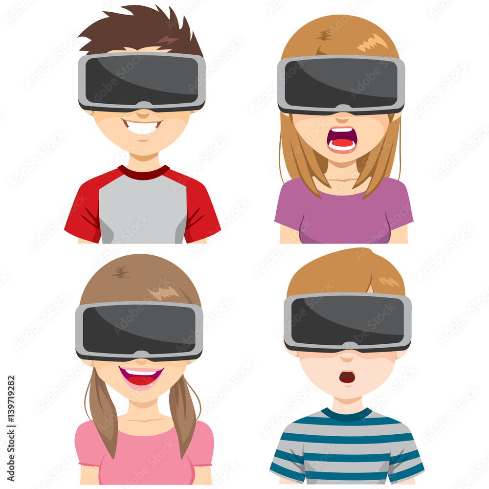 Teenager boys and girls with Virtual Reality Headset on different expressions