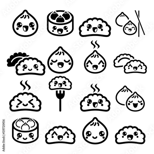 Kawaii Chinese dumplings, cute Asian food Dim Sum vector icons set 
 