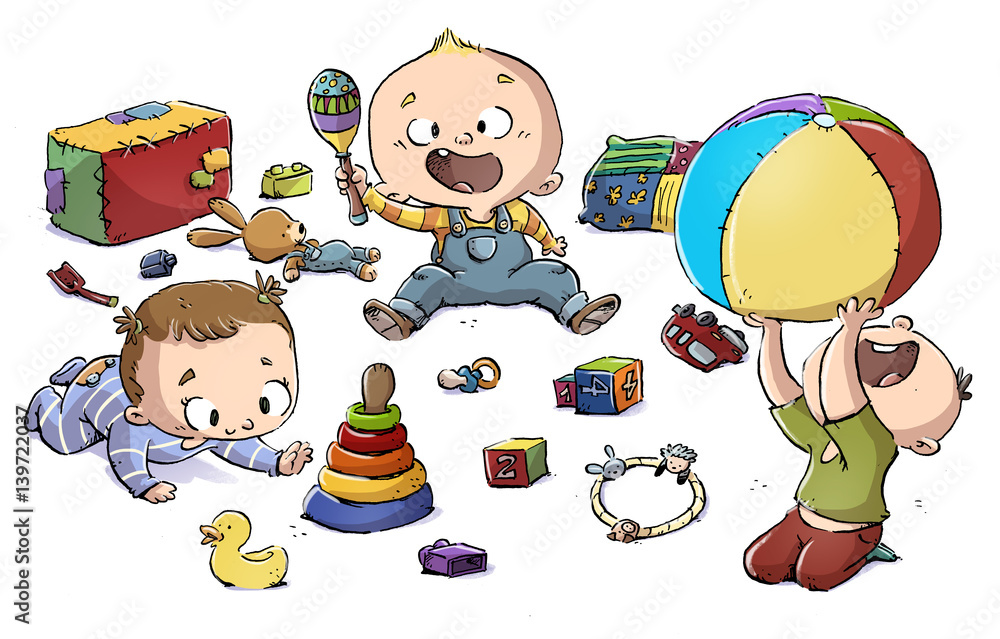 bebes jugando con juguetes Stock Illustration | Adobe Stock