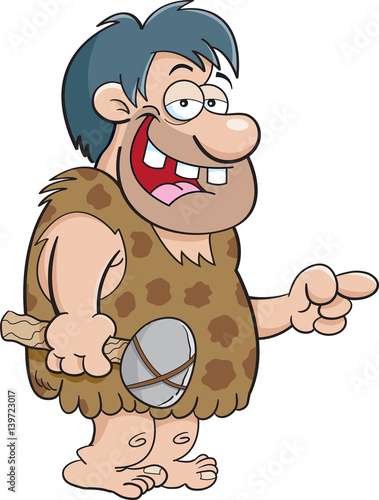 Cartoon illustration of a caveman pointing.