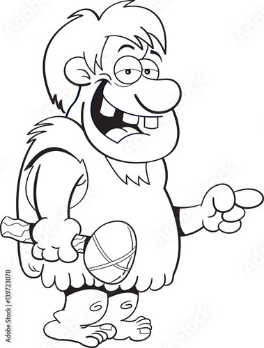 Black and white illustration of a caveman pointing.