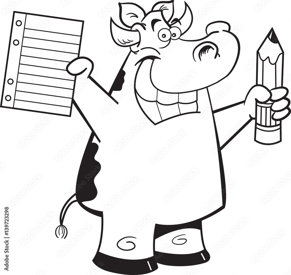 Black and white illustration of a cow holding a paper and pencil. Black and white illustration of a cow holding a paper and pencil.