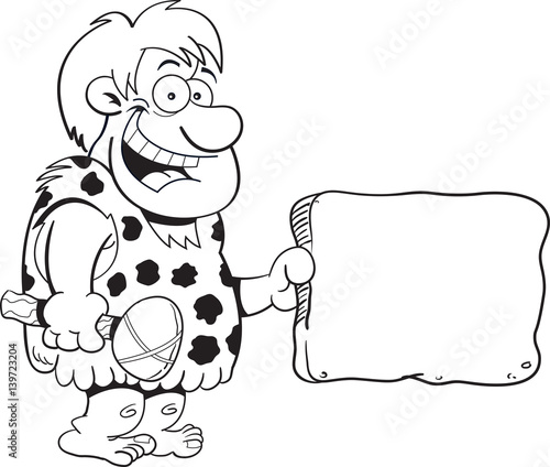 Black and white illustration of a caveman holding a sign.