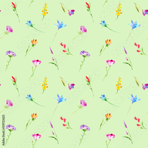 Wallpaper Mural Floral seamless pattern of a wild flowers and herbs. Buttercup, cornflower, clover, bluebell, snowdrop flowers. Watercolor hand drawn illustration.Green background. Torontodigital.ca