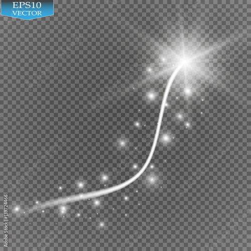 Abstract vector magic glow star trail light effect with neon blur curved line shoots up. Special white and golden christmas effect on transparent background

