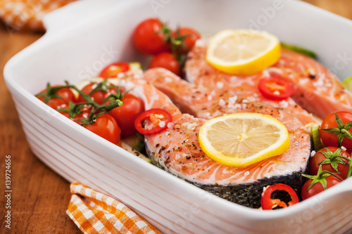 Raw fresh salmon and vegetables before cooking