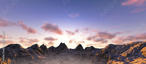 beautiful sunset over mountains. 3d render 