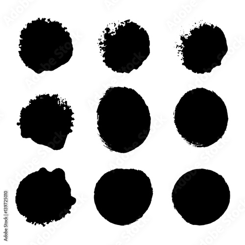 Vector smear set. Collection of black ink brush strokes and print stamps. Vector grunge splatter stains isolated on white background. 
