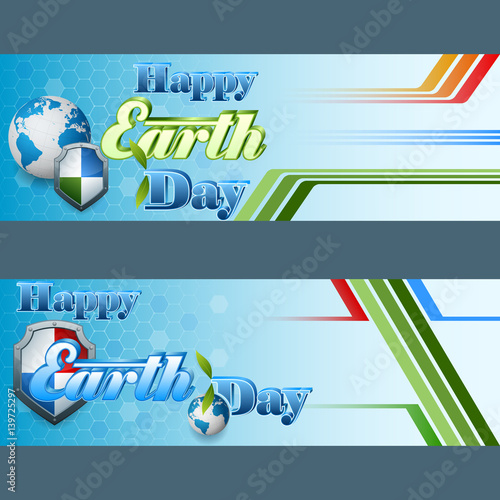 Set of web banners design, background with 3d texts, shields and Earth globe for Earth day, event celebration; Vector illustration