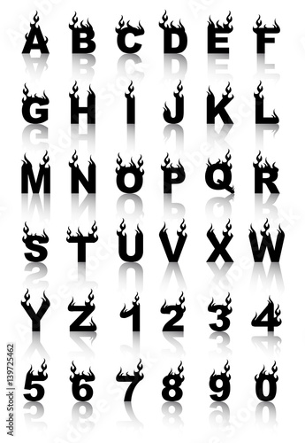 Fire alphabet, cartoon-style, simple black with shadows