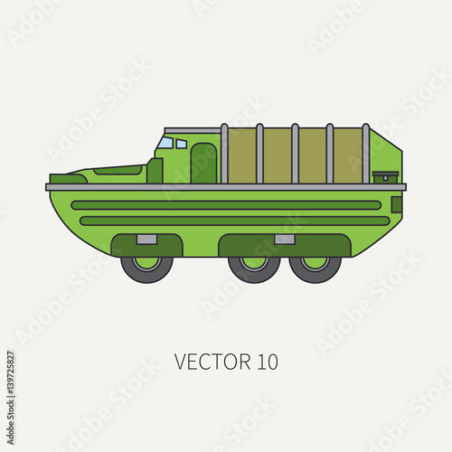 Line flat color vector icon infantry assault armored army truck. Military amphibious vehicle. Cartoon vintage style. Soldiers. Tractor unit. Tow auto. Simple. Illustration and element for your design.
