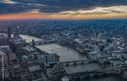 London aerial view at sunset.